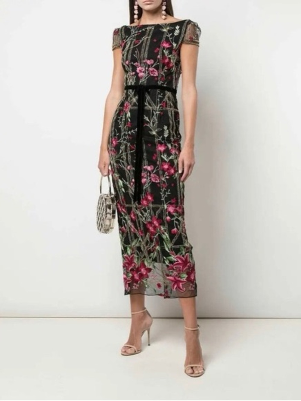 Marchesa Black Midi Dress with Pink & Green Floral Embroidery